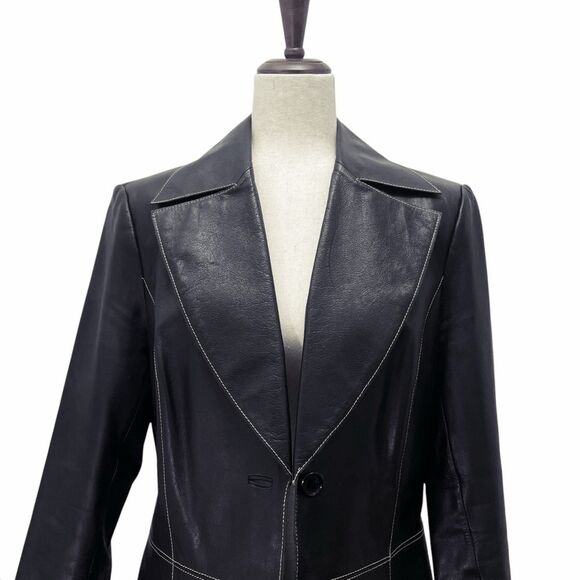 Vintage Classiques Entier Black Leather 3-Button Blazer Lasercut Trim Sz 10 Y2K - Picture 8 of 15